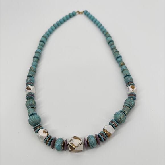 Turquoise and Ivory Bead Necklace, 28" Length, Multi-Textured, Earthy Style - Picture 5 of 6